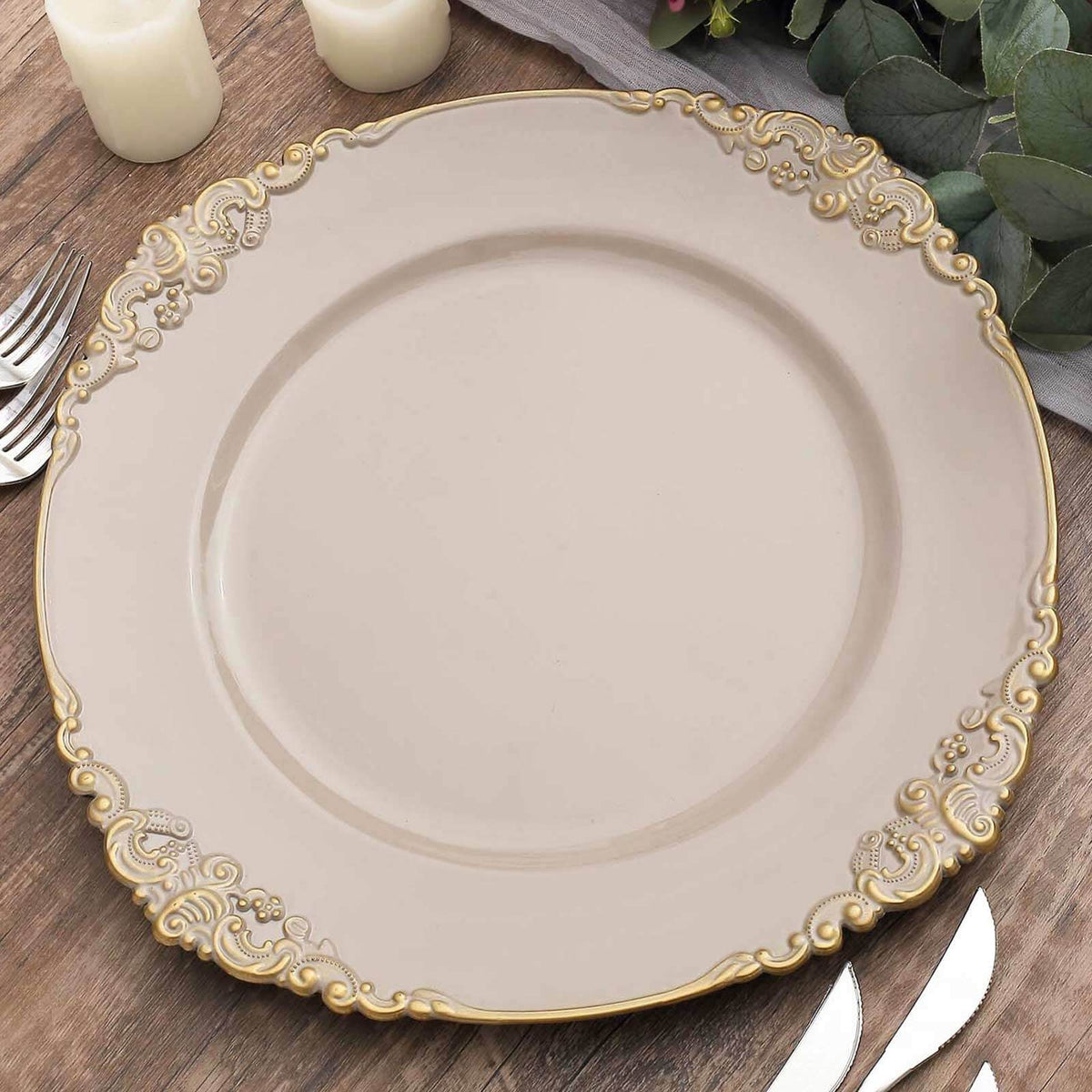 6-Pack Acrylic Round Charger Plates 13" in Nude Taupe with Gold Embossed Baroque Rim, Antique Decorative Dinner Party Charger Tableware