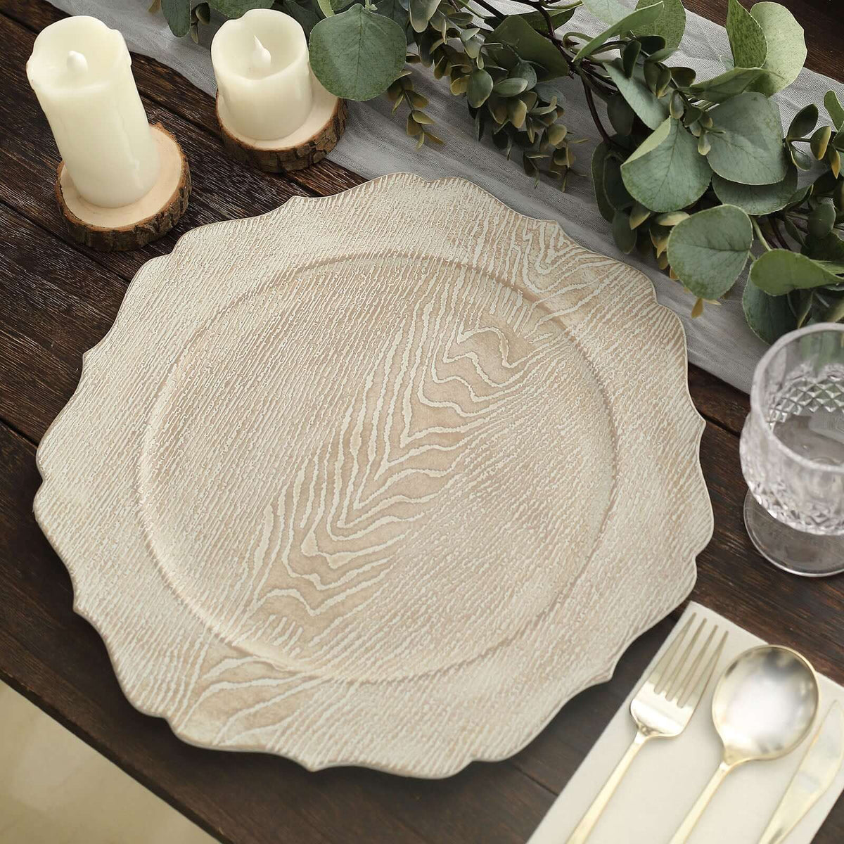 6-Pack Acrylic Round Charger Plates 13" in Rustic White with Wood Grain Scalloped Rim, Decorative Dinner Party Charger Tableware