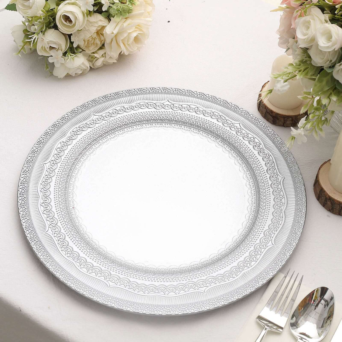 6-Pack Acrylic Round Charger Plates 13" in Silver with Lace Embossed Rim, Rustic Plastic Decorative Charger Tableware