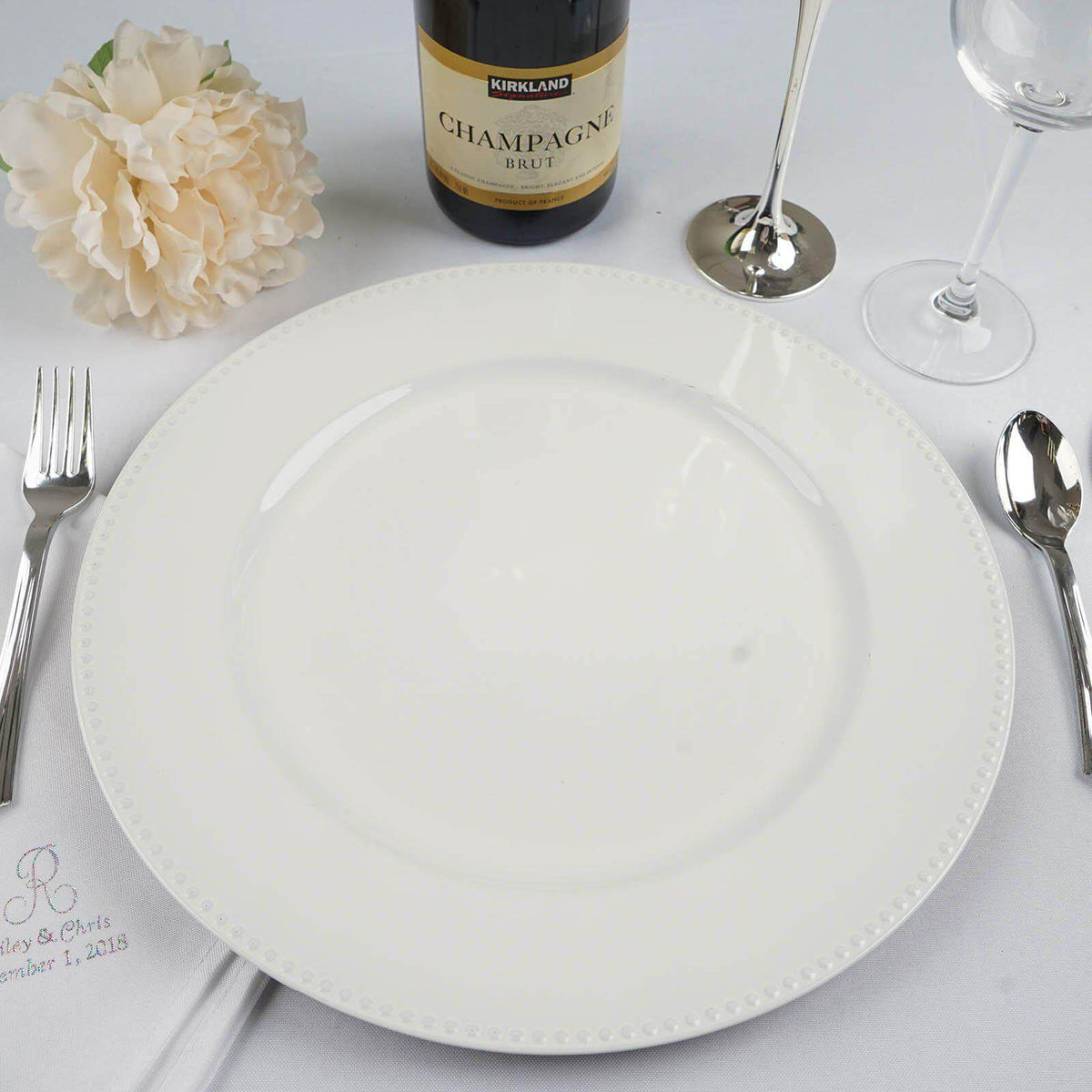 6-Pack Acrylic Round Charger Plates 13" in White with Beaded Rim, Dinner Charger Event Tabletop Decor