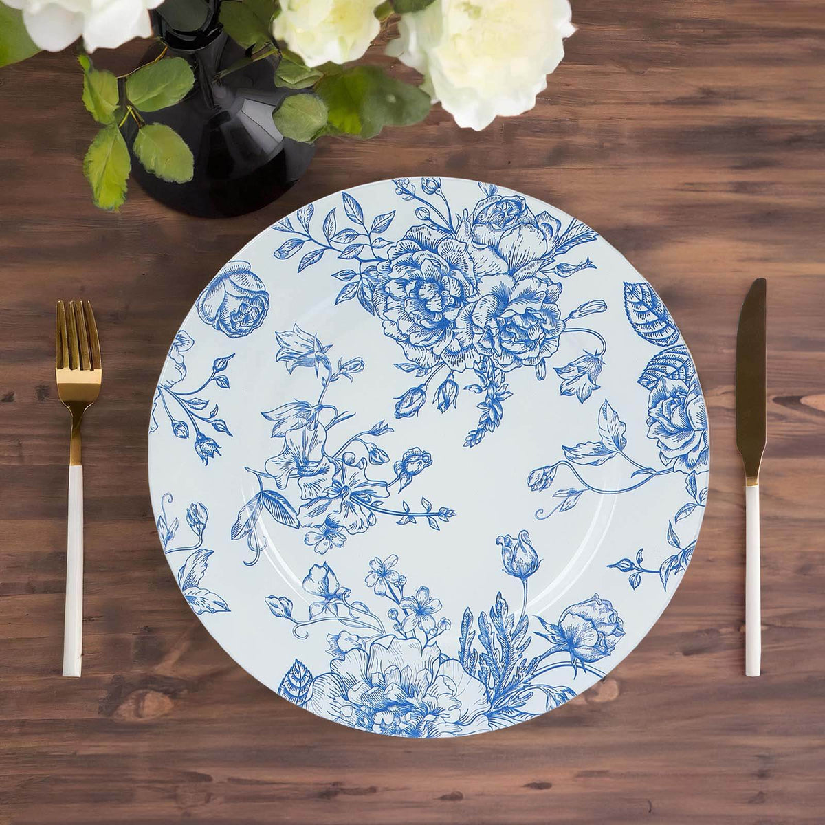 6-Pack Acrylic Round Charger Plates 13" in White with Light Blue Floral French Toile Pattern, Decorative Dinner Party Charger Tableware