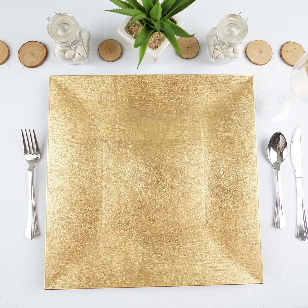6-Pack Acrylic Square Charger Plates 12" in Gold with Embossed Wood Grain, Boho Chic Dinner Party Decor Charger Tableware