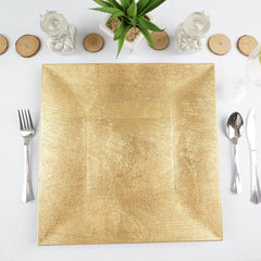 6-Pack Acrylic Square Charger Plates 12" in Gold with Embossed Wood Grain, Boho Chic Dinner Party Decor Charger Tableware