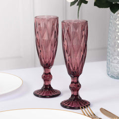 6-Pack Champagne Flute Glasses Transparent Dusty Rose Textured Crystal Cut Design - Chic Wine Goblets for Parties & Events 6oz 8"