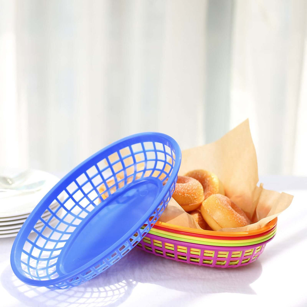 6-Pack Plastic Food Baskets with 50 Wax Paper Liners Assorted Colors - Durable Oval Deli Serving Trays
