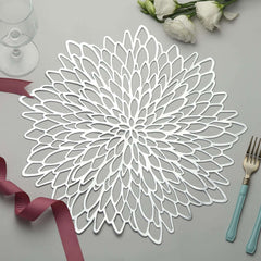 6-Pack Dining Table Mats Floral Design Silver - Metallic Vinyl Round Non-Slip Mats for Tables 15"