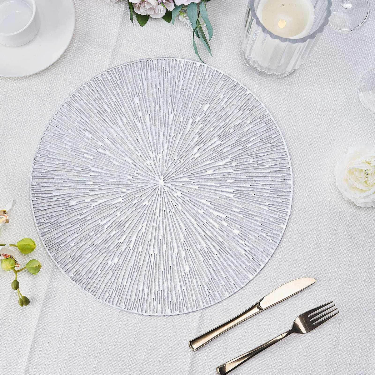 6-Pack Dining Table Mats Spiked Design Silver - Vinyl Non-Slip Surface with Modern Appeal 15"