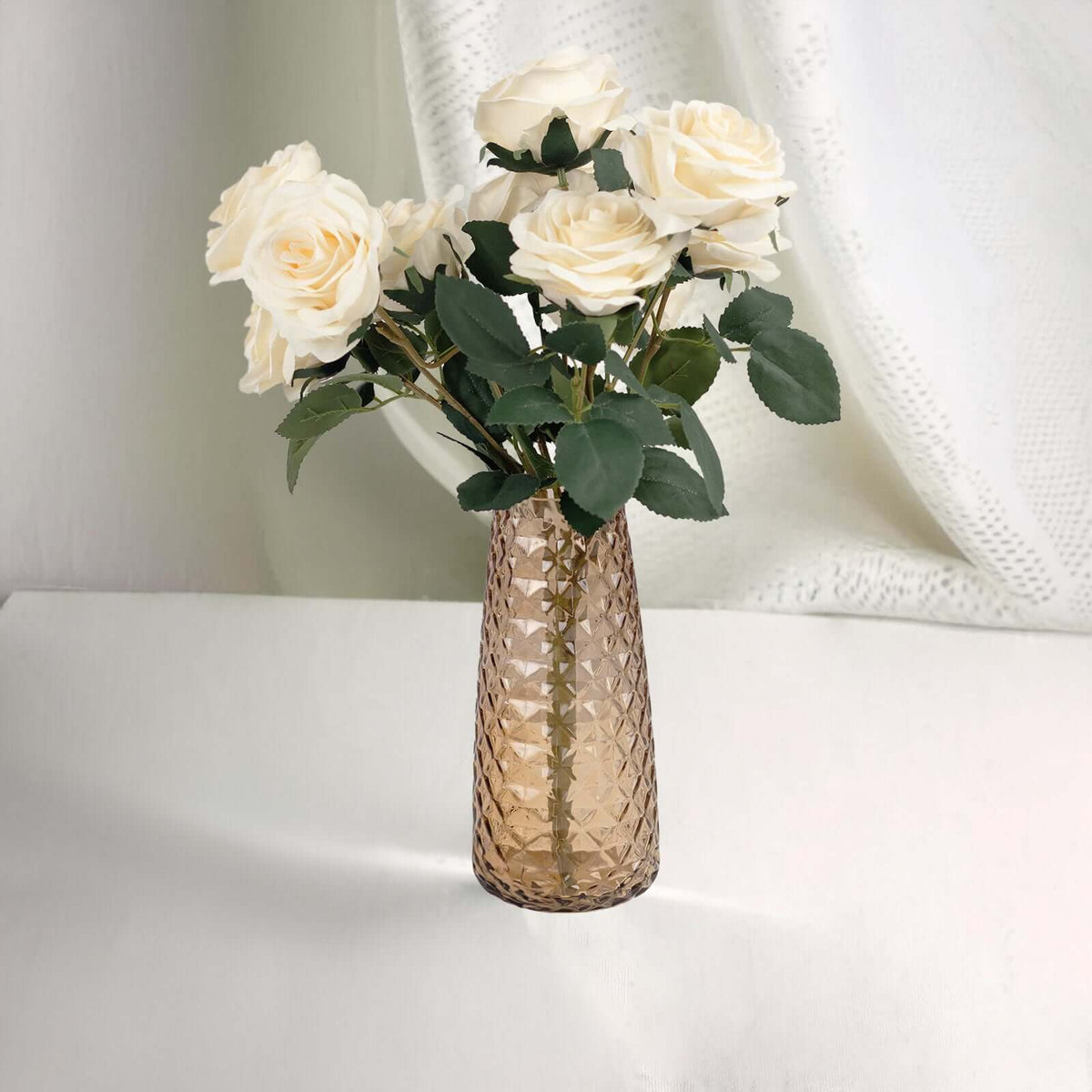 6-Pack Glass Urn Vases Amber Gold with Diamond Crystal Cut Pattern - Stylish Decorative Design for Event Decor 8.5"
