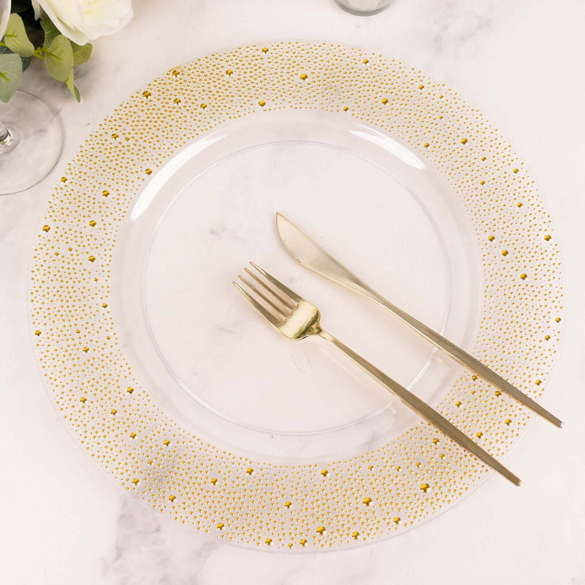 6-Pack Plastic Round Charger Plates 13" in Clear with Gold Pearl Beaded Rim, Upscale Dinner Serving Plates