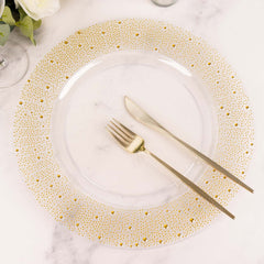 6-Pack Plastic Round Charger Plates 13" in Clear with Gold Pearl Beaded Rim, Upscale Dinner Serving Plates