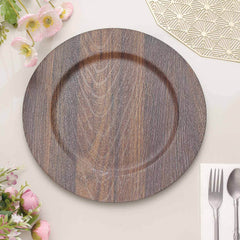 6-Pack Plastic Round Charger Plates 13" in Dark Brown with Faux Wood Finish, Rustic Boho Chic Dinner Party Charger Tableware