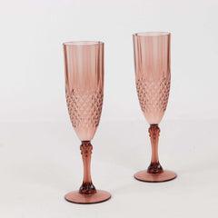 6-Pack Plastic Wedding Toast Flutes Dusty Rose Transparent Crystal Cut Style - Reusable Champagne Glasses 8oz