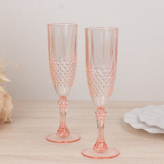 6-Pack Plastic Wedding Toast Flutes Transparent Blush Crystal Cut Style - Reusable Champagne Glasses 8oz