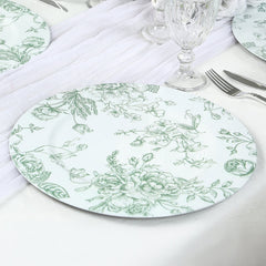6 Pack Round Floral Acrylic Charger Plates in French Toile Pattern, 13" White Sage Green Dinner Charger Event Tabletop Decor