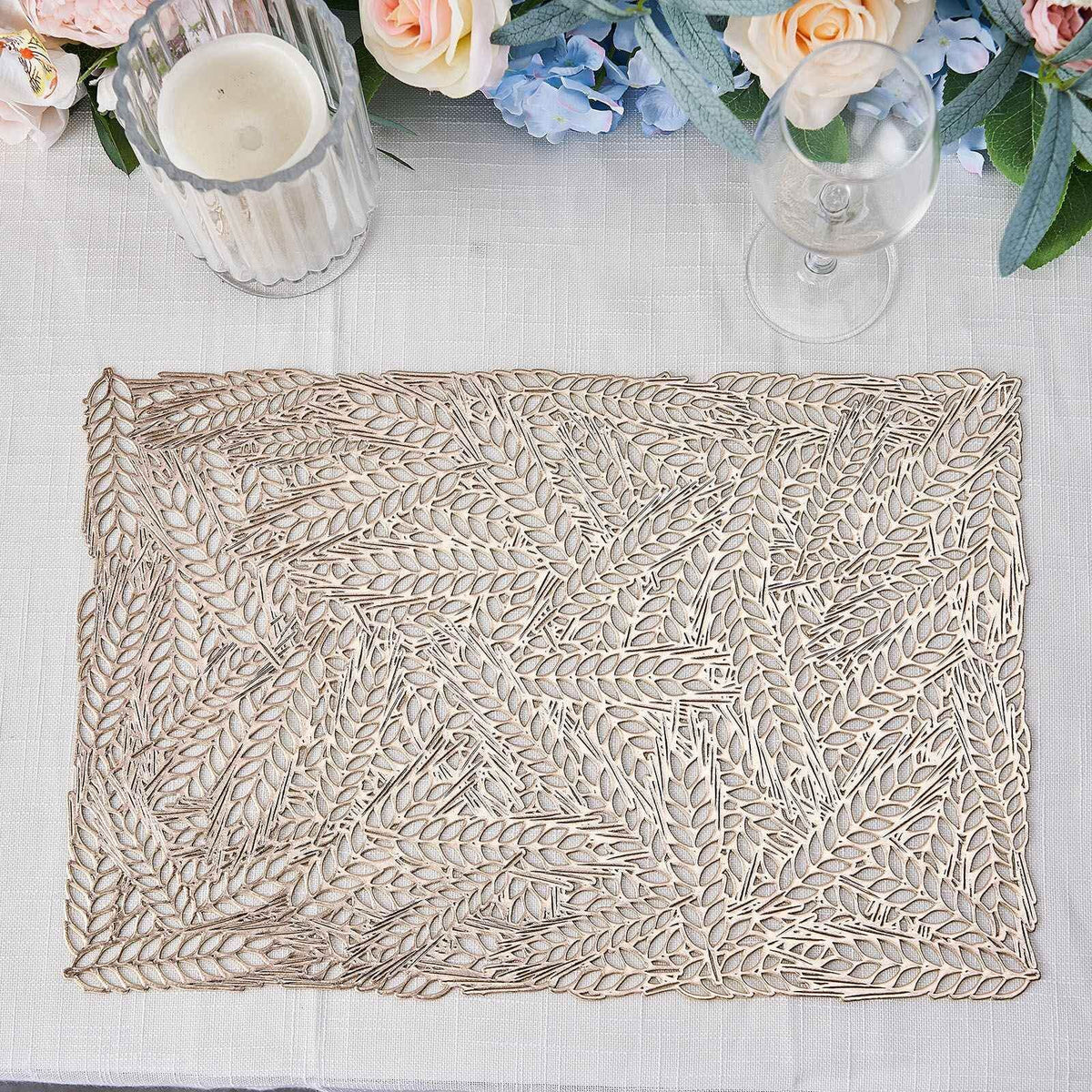 6-Pack Table Mats Wheat Design Gold - Vinyl Rectangle Non-Slip Surface for Stylish Settings 12"x18"