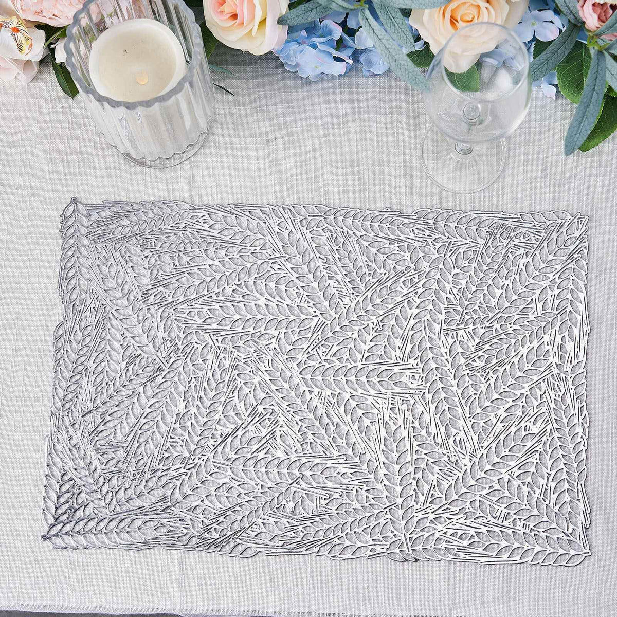 6-Pack Table Mats Wheat Design Silver - Vinyl Rectangle Non-Slip Surface for Stylish Settings 12"x18"