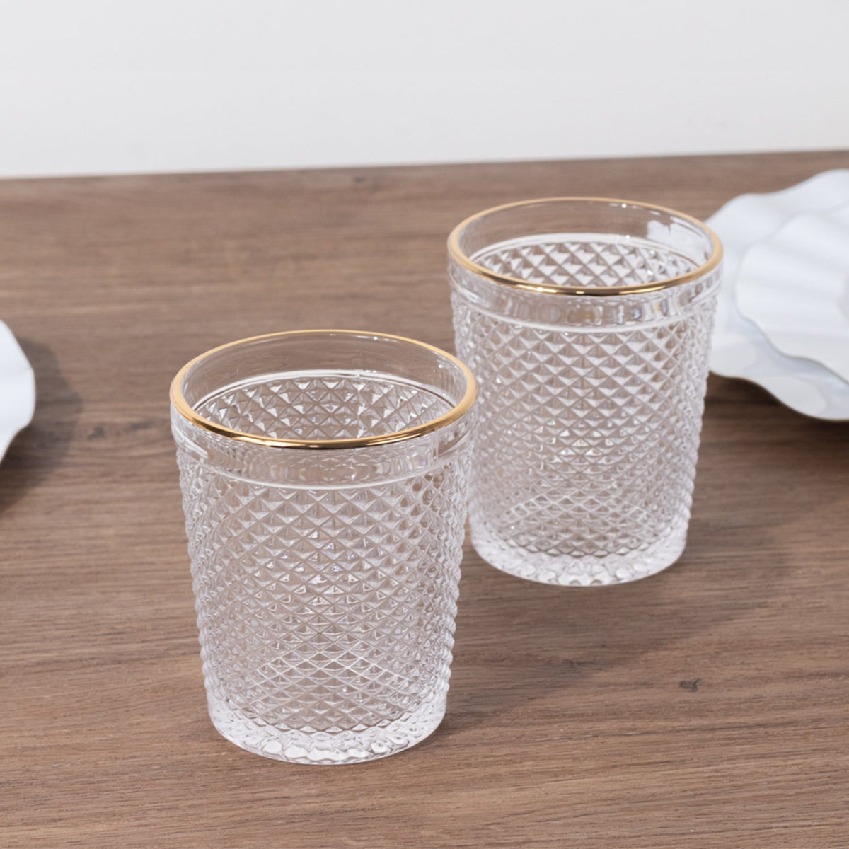 6-Pack Tumbler Glasses Clear Hobnail Design with Gold Rim - Embossed Diamond Pattern Glassware for Drinks & Parties 11oz 4"