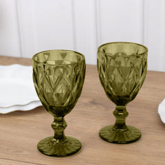 6-Pack Wine Glasses Dusty Sage Green Embossed Crystal Cut Design Stemmed - Colored Goblets for Parties & Events 12oz 7"