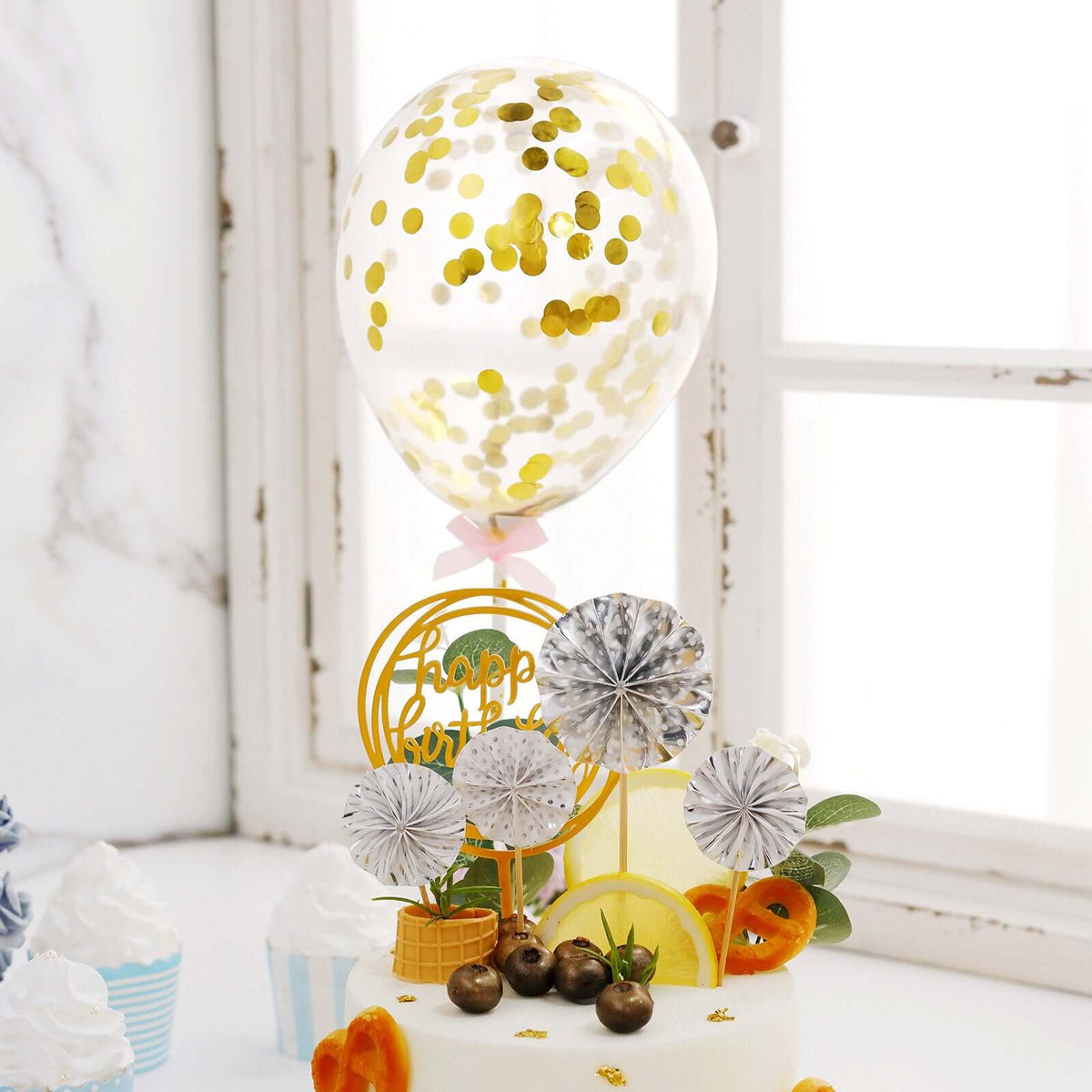 6 Pcs Happy Birthday Cake Topper Silver/Gold - Fun Cake Decoration with 4 Mini Paper Fans & Confetti Balloon for Themed Parties & Special Occasions