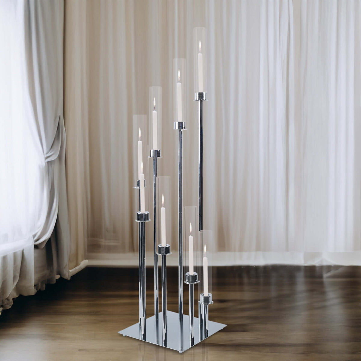 8 Arm Cluster Taper Candle Holder Silver - Stunning Large Candle Arrangement With Clear Glass Shades for Grand Banquets & Celebrations 42"