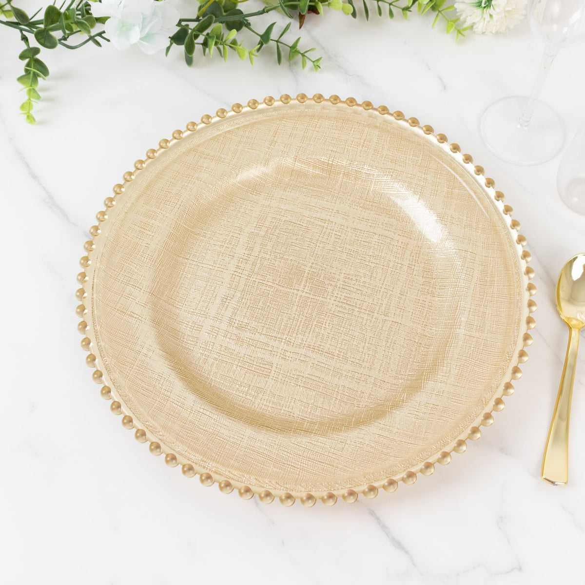 8-Pack Glass Round Charger Plates 12" in Gold with Beaded Rim & Cross-Stitch Pattern, Event Tabletop Decorative Dinner Charger Tableware