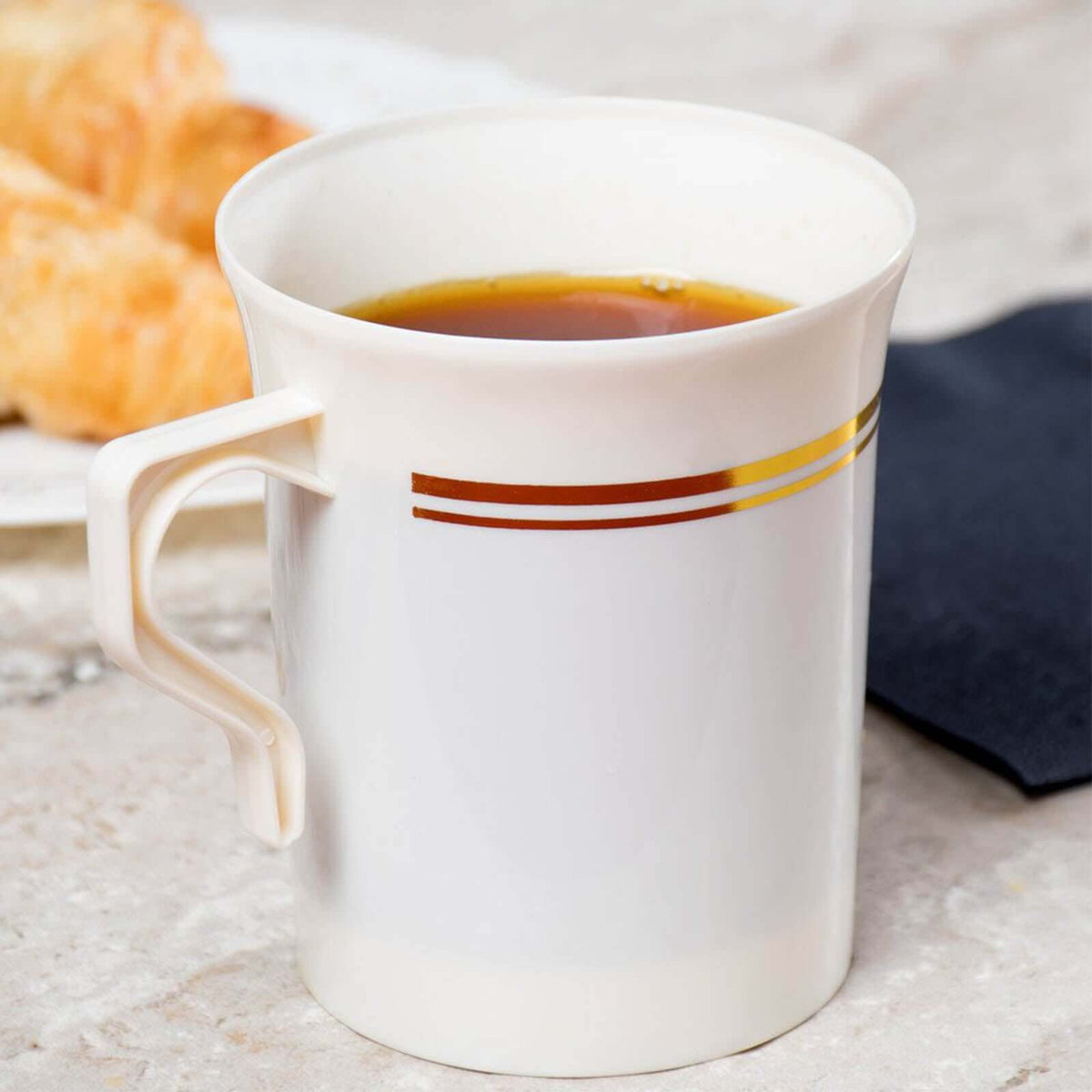 8-Pack Plastic Coffee Mugs White with Gold Stripes - Sturdy Disposable Cups for Coffee and Tea 8oz 4"