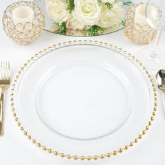 8-Pack Glass Round Charger Plates 12" Clear with Gold Beaded Rim, Event Tabletop Decorative Dinner Charger Tableware