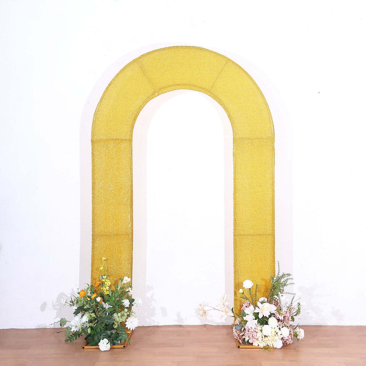 8ft Gold Spandex Fitted U-Shaped Wedding Arch Cover With Shimmer Tinsel Finish, Double-Sided Open Arch Backdrop Slipcover