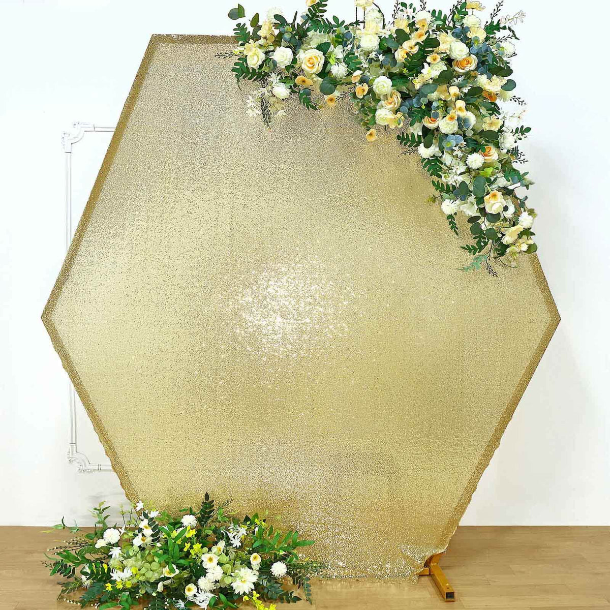 8ftx7ft Champagne Shiny Sequin Hexagon Backdrop Stand Cover, Shiny Sparkle 2-Sided Custom Fit Wedding Arch Cover