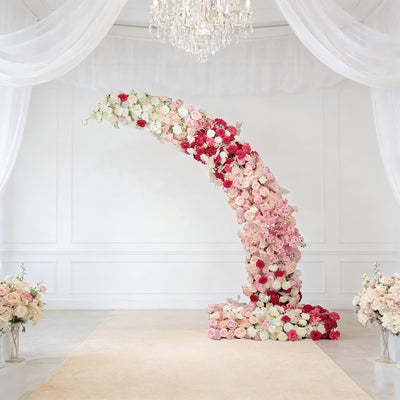 Artificial Silk Floral Backdrop for 8ft Half Crescent Wedding Arch – Foam-Backed Flower Arch in White & Pink Mix with Roses, Hydrangeas & Chrysanthemums