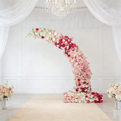 Artificial Silk Floral Backdrop for 8ft Half Crescent Wedding Arch – Foam-Backed Flower Arch in White & Pink Mix with Roses, Hydrangeas & Chrysanthemums