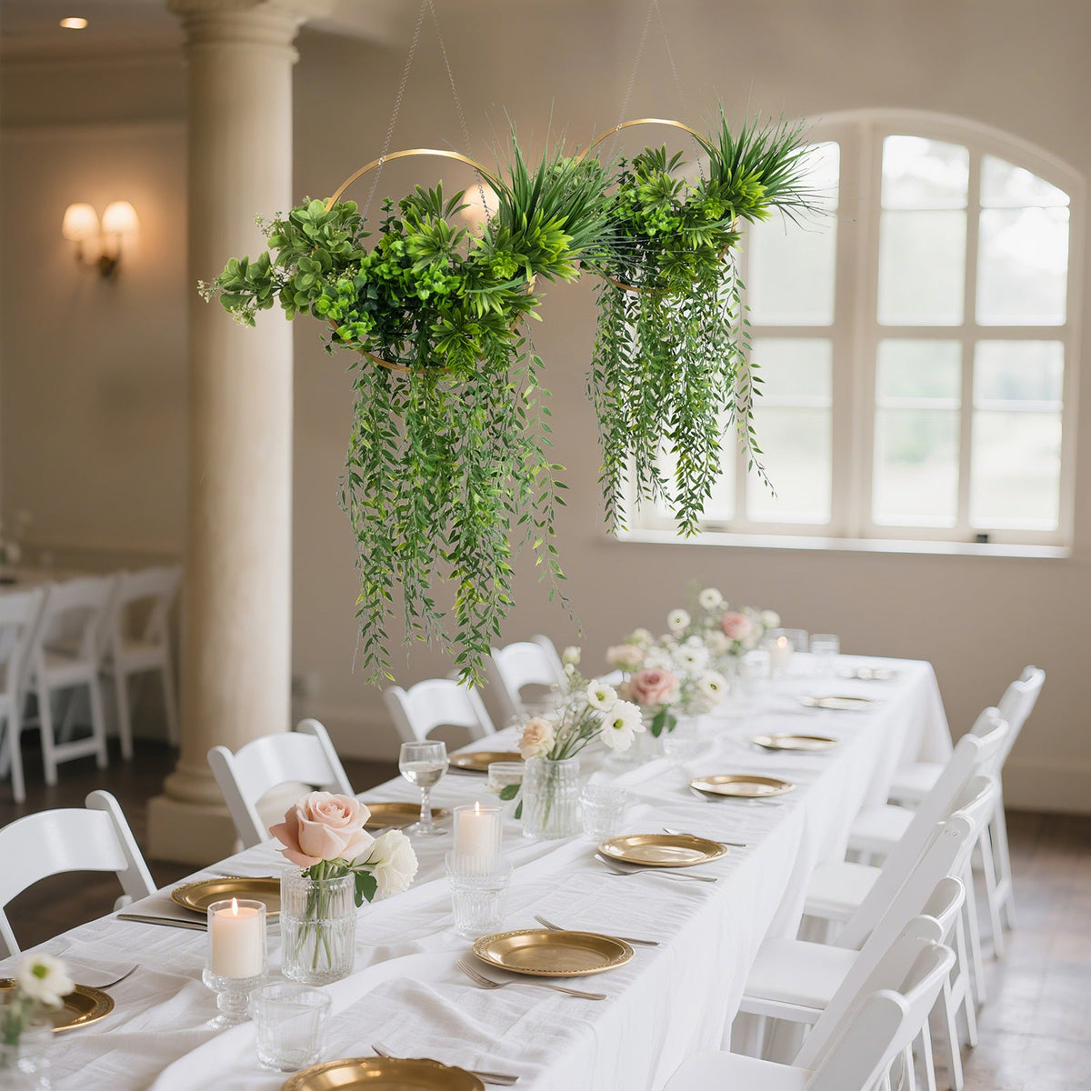 Faux Hanging Greenery with Gold Hoop Ceiling Decoration – Perfect for Tablescapes 38" Long
