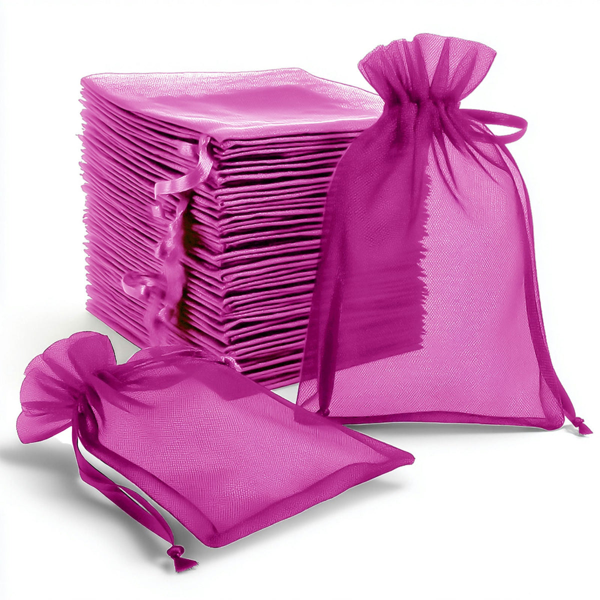 100 Pack Fuchsia Organza Gift Bags with Drawstring, 6" x 9" – Wedding Party Favor Bags