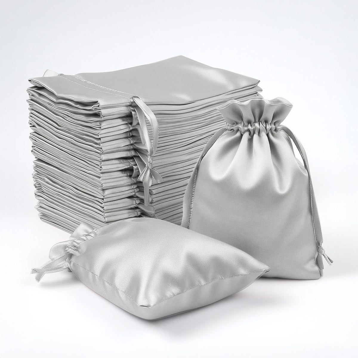 60 Pack Satin Drawstring Favor Bags, Silver 3"x4" Jewelry & Candy Gift Bags for Weddings & Parties