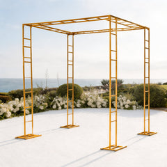8ft x 10ft Gold Metal Event Arch & Canopy Frame – Rectangular Heavy-Duty 4-Post Ladder-Style Backdrop Stand, Height Adjustable & Portable