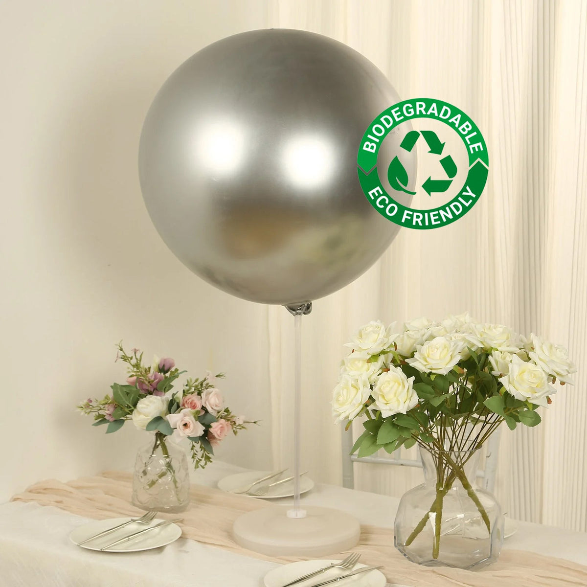 5 Pack Metallic Chrome Silver Biodegradable Balloons, 36" Large Round Eco-friendly Thickened Latex Party Balloons