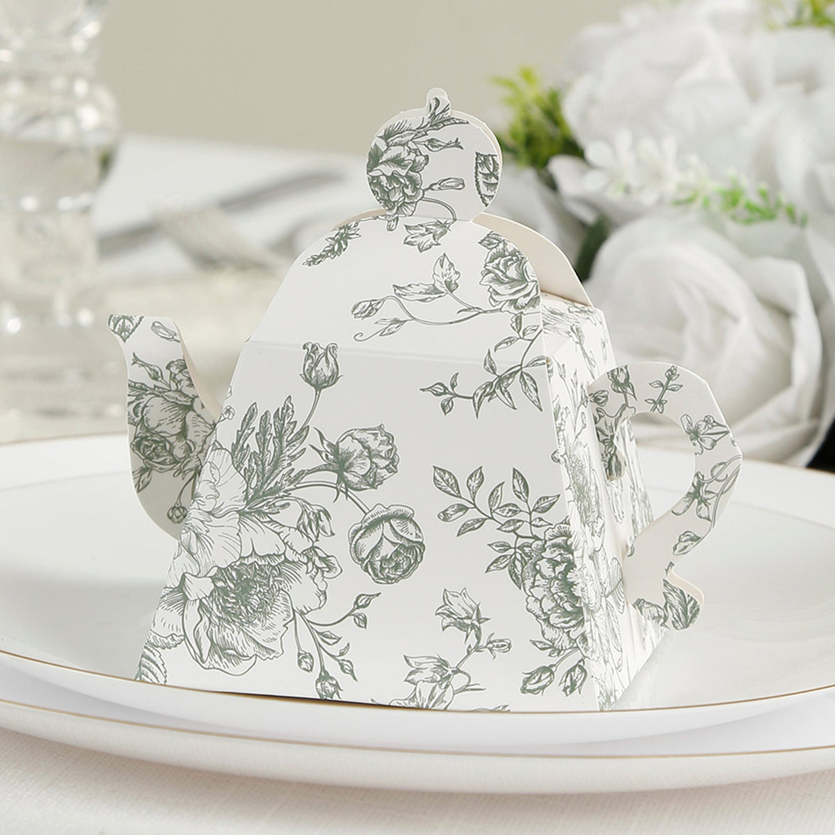 25 Pack 5"x4" Mini Teapot Favor Boxes – White Sage Green French Toile Design Gift Boxes