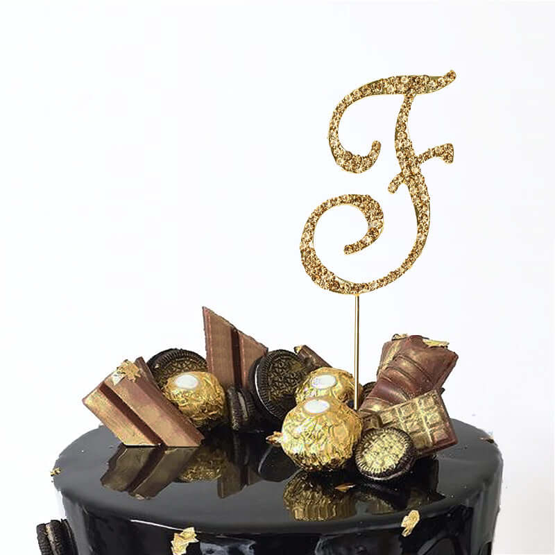 Rhinestone Cake Toppers Gold Monogram Letter and Number Design - Stylish Wedding Cake Decorations 2.5"