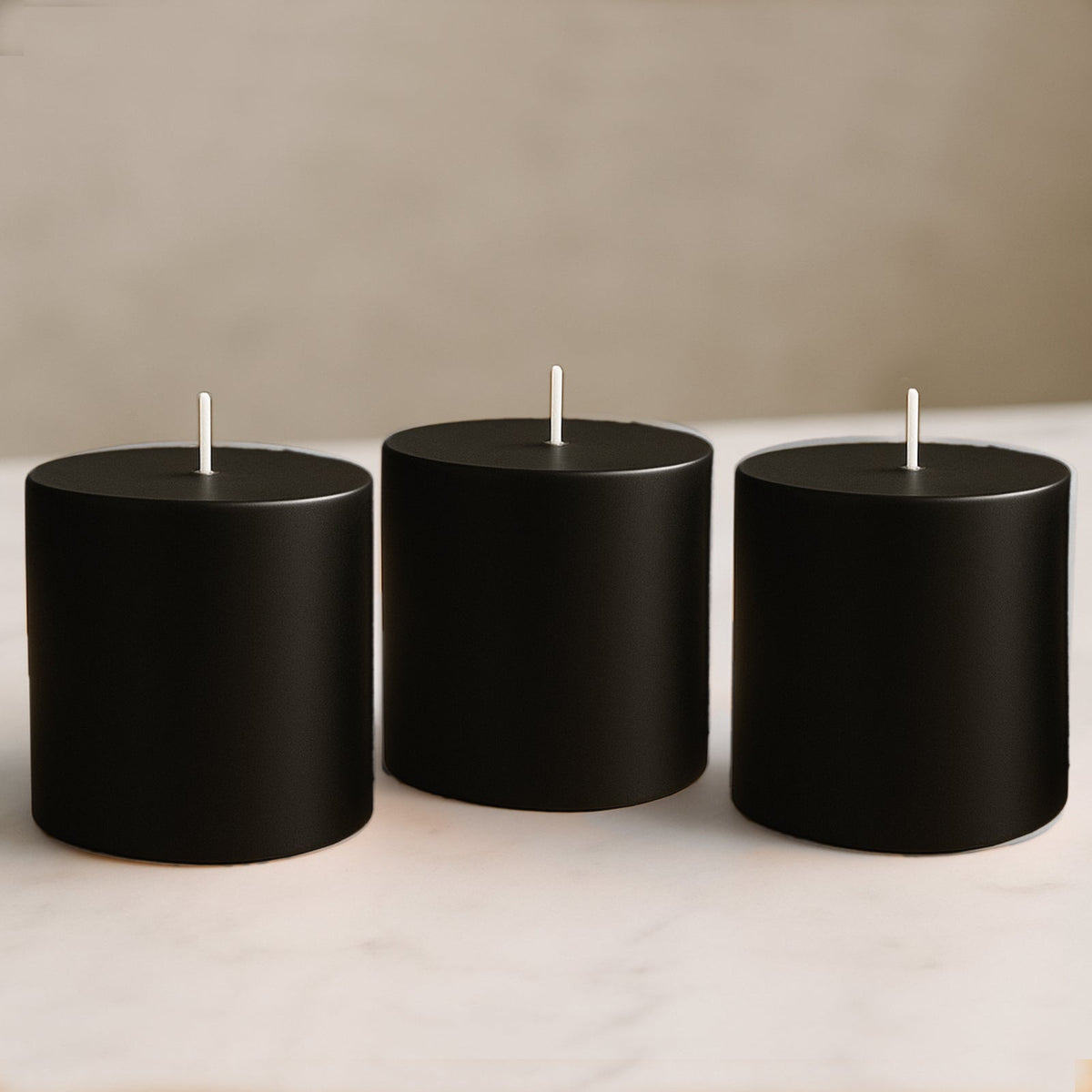 6-Pack Unscented Dripless Pillar Candles – 3"x3" Black Paraffin Wax with Smokeless Cotton Wicks, Clean & Long-Lasting 30-Hour Burn