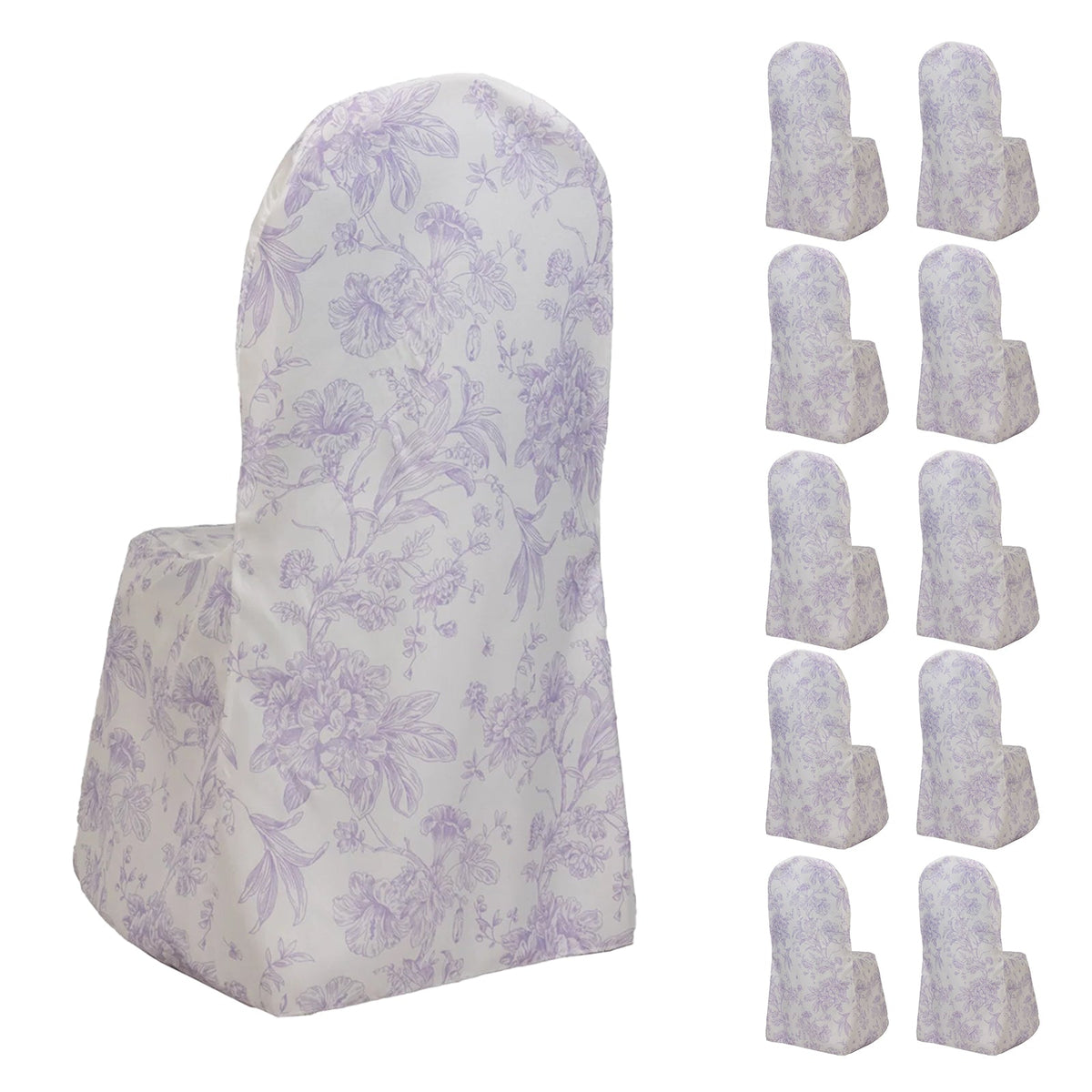 10 Pack Polyester Chair Covers  for Banquet Chairs – White Lavender Lilac French Toile Pattern, Reusable Stain-Resistant Slip-On Slipcovers