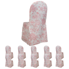 10 Pack Polyester Chair Covers  for Banquet Chairs – White Pink French Toile Pattern, Reusable Stain-Resistant Slip-On Slipcovers