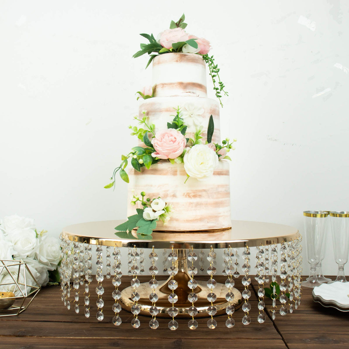 Metal Chandelier Cake Stand Round Design Metallic Gold with Hanging Crystal Chains - Cupcake Dessert Display Centerpiece 18"