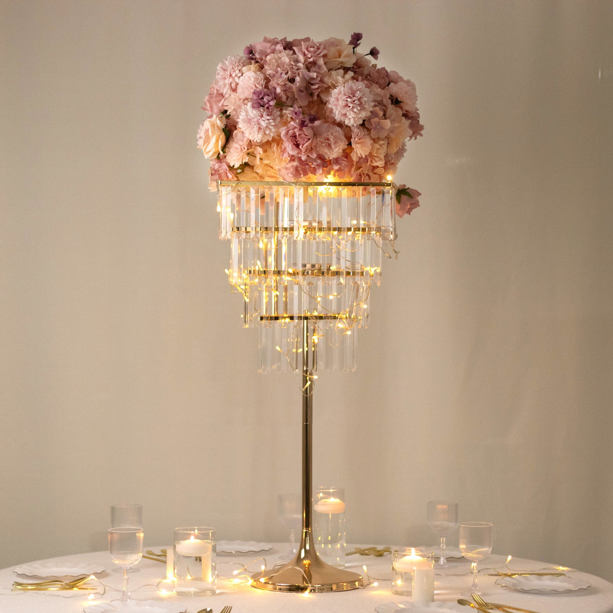 38" Crystal Pendant 4-Tier Table Centerpiece Chandelier – Gold Metal Vase Stand with Square Frame, Round Base & Hanging Crystals