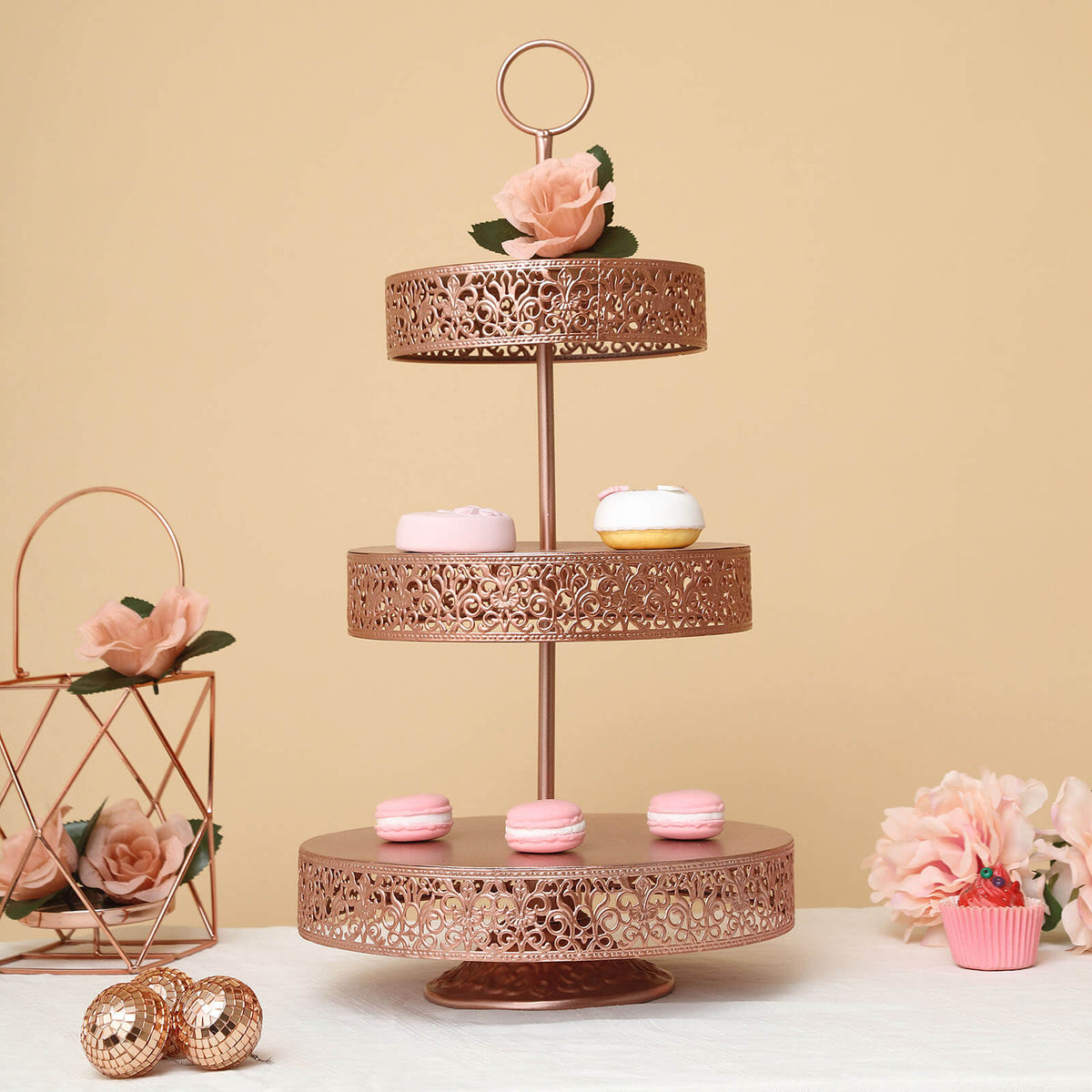 Metal Cupcake Stand 3-Tier Reversible Design Rose Gold - Dessert Holder and Serving Tray 23"