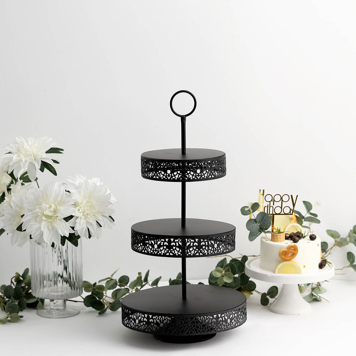 Metal Cupcake Stand 3-Tier Reversible Design Black - Dessert Holder and Serving Tray 23"
