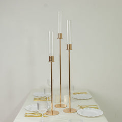 Gold Metal Taper Candle Holders with Hurricane Glass Shades, Set of 3 – Modern Minimalist Candlestick Stands – 28", 32", 36"