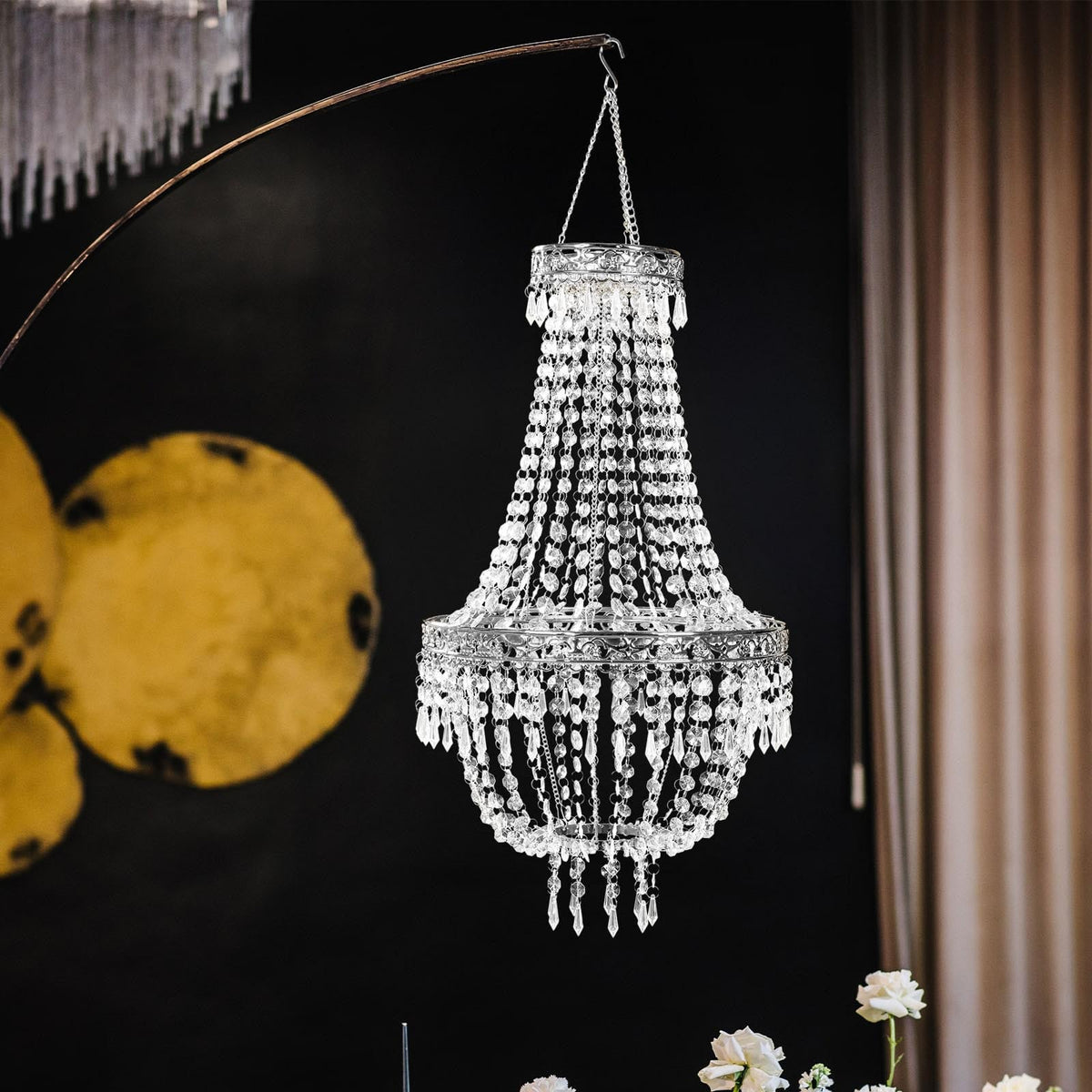 2ft Empire Style Beaded Crystal Chandelier with Silver Ornate Metal Frame, Adjustable Hanging Farmhouse Pendant Ceiling Lighting