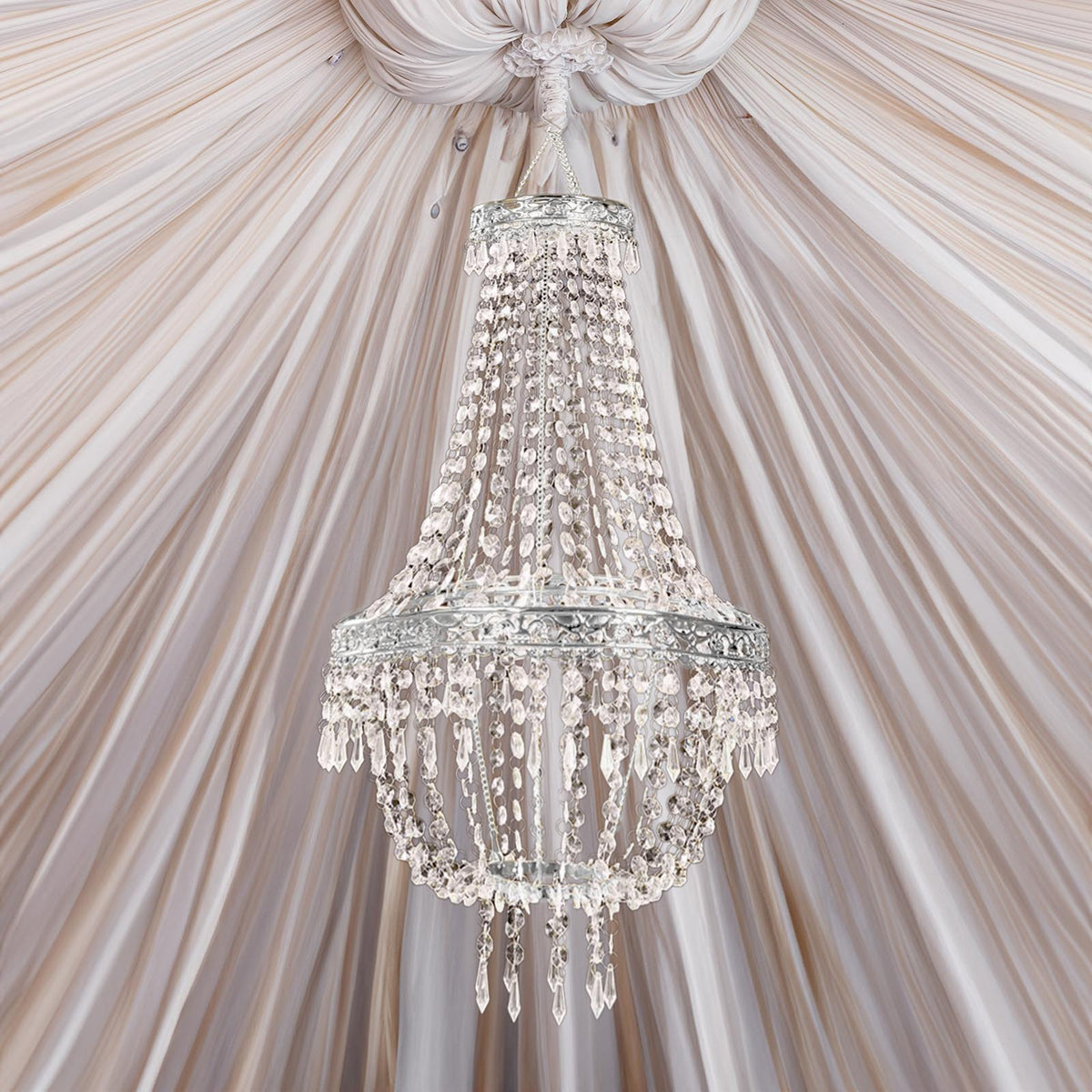 5ft Empire Style Beaded Crystal Chandelier with Silver Ornate Metal Frame, Adjustable Hanging Farmhouse Pendant Ceiling Lighting