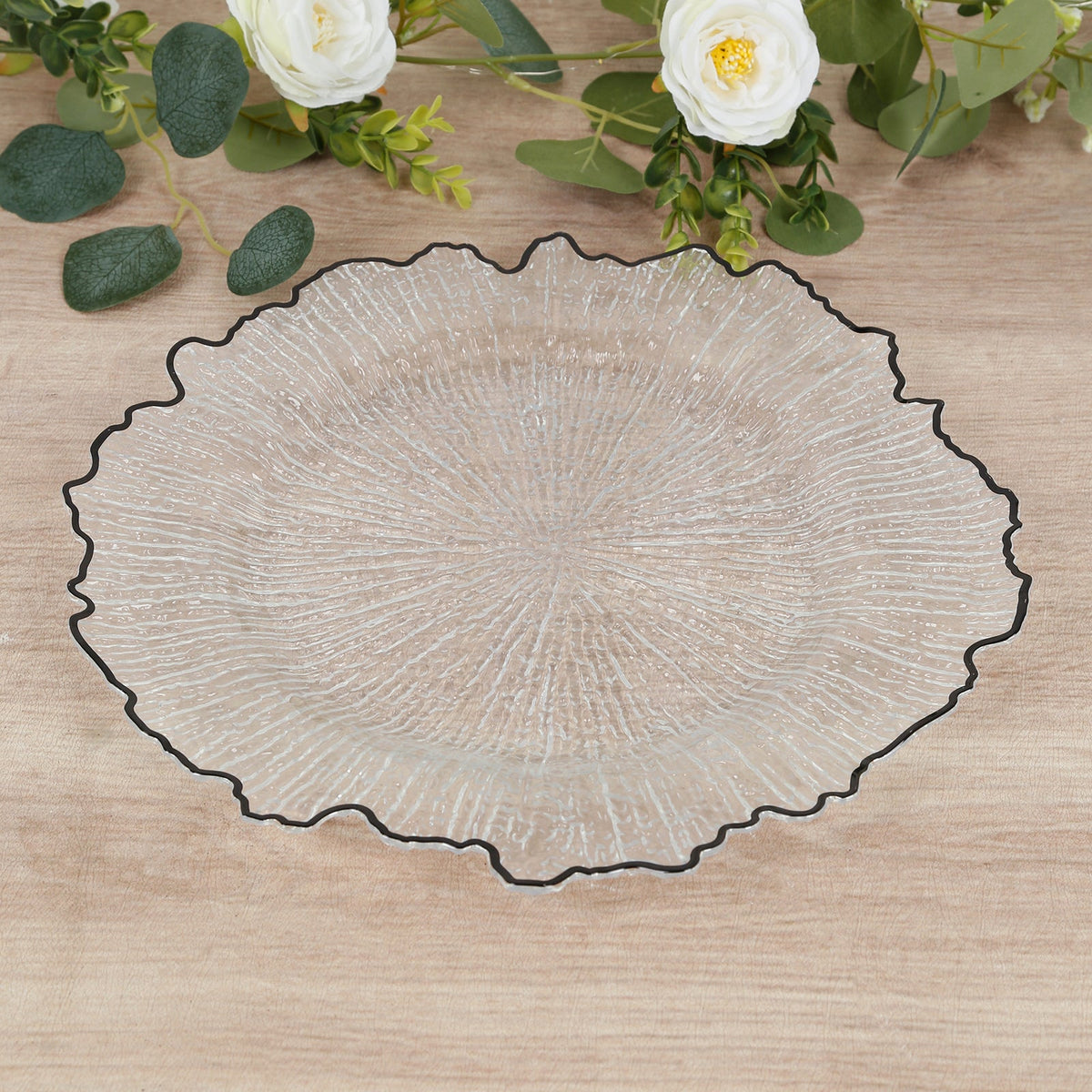 6-Pack Plastic Round Charger Plates 13" in Clear Reef Design with Black Rim, Decorative Dinner Party Serving Plates