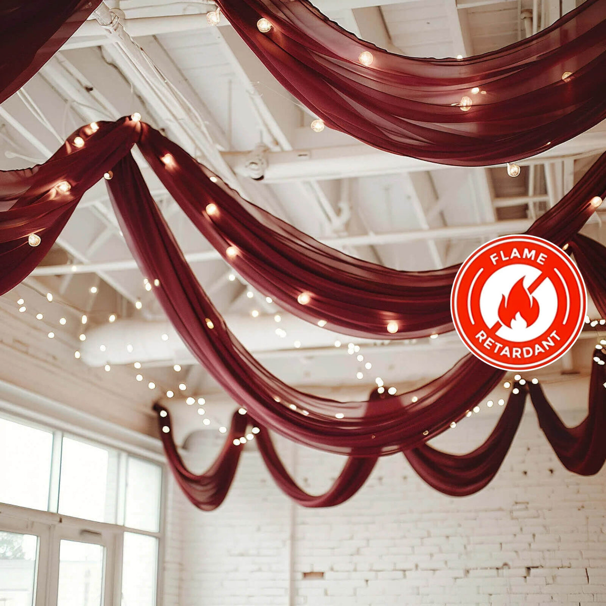 5ftx32ft Burgundy Chiffon Curtain Panel, Durable Flame Resistant Backdrop Ceiling Drapery With Rod Pocket